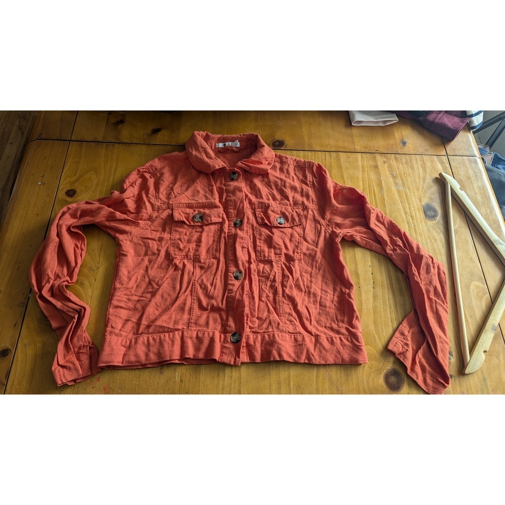 Three Dots Orange Linen Blend Cropped Button Front Shirt Jacket‎ Women's Small